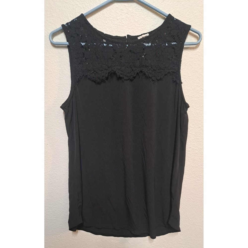 Anne Klein Black Lace Tank Top Sleeveless Blouse Button Back Flowy Medium